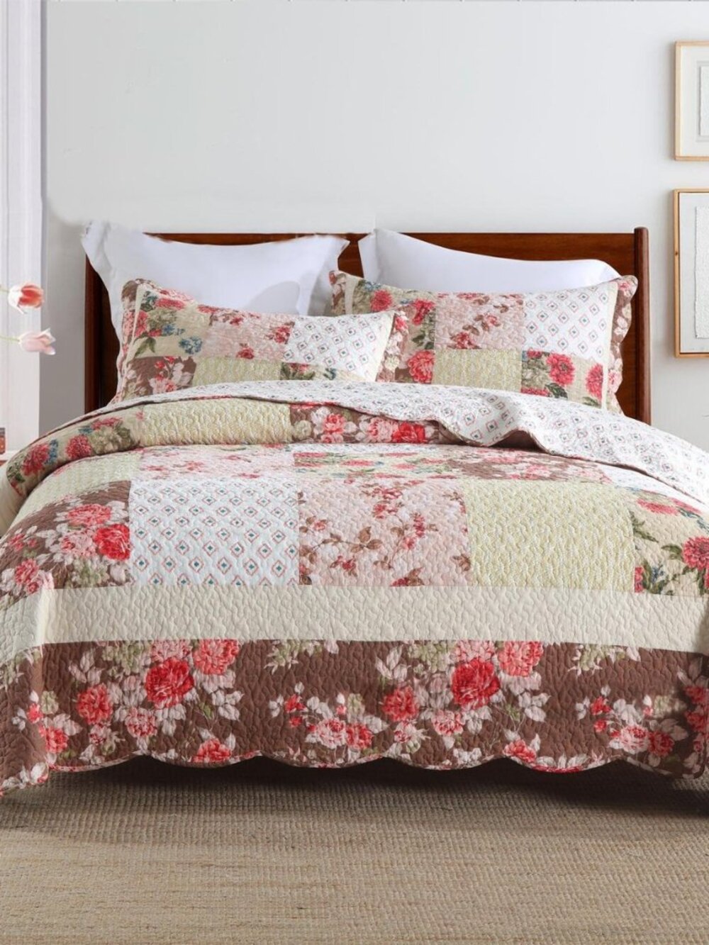 3 Pcs Cotton Floral Patchwork Quilted Bedding Set Vintage Shabby Chic Botanical